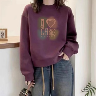 宽松大码 韩版 外套潮休闲圆领加绒上衣 百搭卫衣女春秋冬季 胖mm时尚