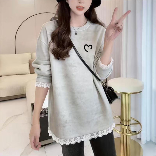 2026新款纯棉圆领花边设计感长袖T恤女洋气宽松打底衫中长款上衣