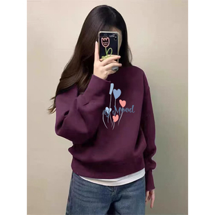 减龄大码 时尚 宽松显瘦套头外套 圆领洋气加绒卫衣女秋冬新款 韩版