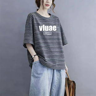 撞色条纹圆领短袖t恤女夏季新款纯棉减龄大码宽松胖mm设计感上衣