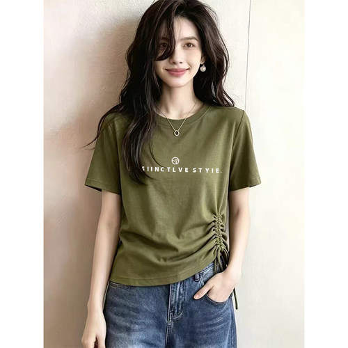 夏季新款抽绳褶皱圆领T恤女装韩版时尚百搭大码宽松显瘦薄款上衣