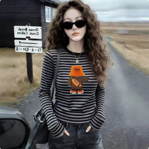德绒撞色条纹长袖t恤女秋季新款洋气休闲修身显瘦打底衫内搭上衣