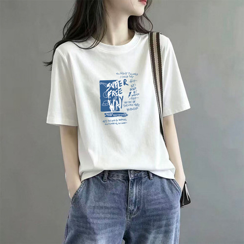 白色纯棉圆领短袖t恤女装夏季新款时尚减龄大码宽松显瘦半袖上衣