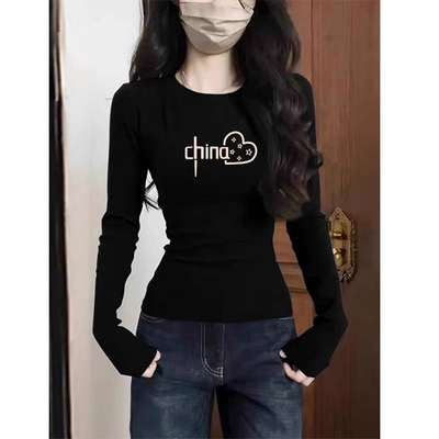 正肩圆领长袖T恤女2025秋冬新款时尚修身打底衫德绒保暖黑色上衣