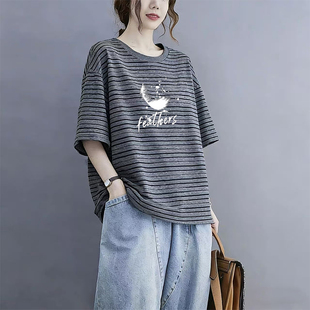 纯棉时尚 撞色条纹圆领短袖 t恤女夏季 新款 宽松胖mm设计感上衣 大码