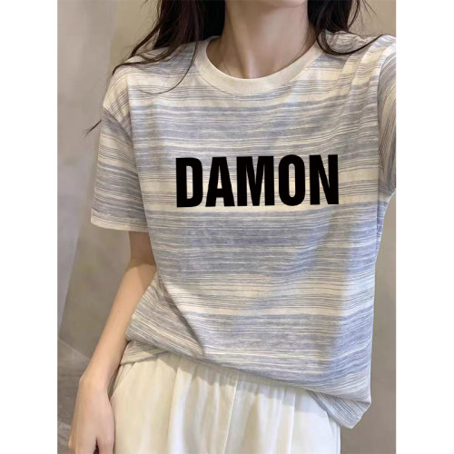 夏季新款撞色条纹短袖t恤女装韩版简约休闲圆领宽松显瘦胖mm上衣