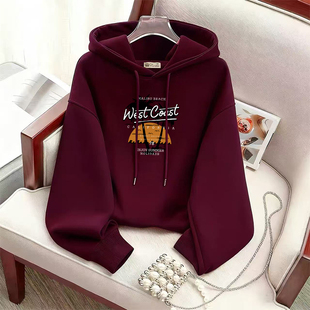 上衣外套 洋气百搭宽松大码 酒红色连帽长袖 加绒设计感卫衣秋冬新款