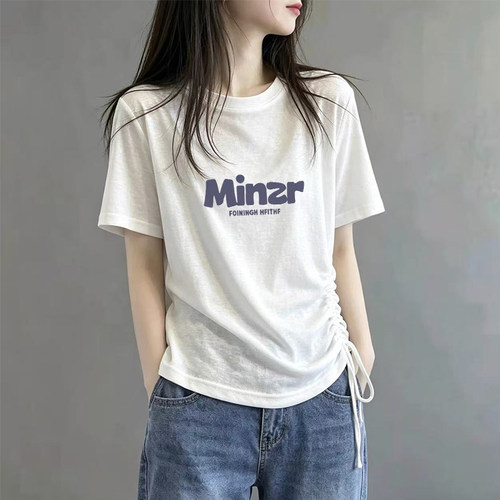 白色抽绳褶皱圆领T恤女装夏季新款洋气休闲大码宽松显瘦薄款上衣