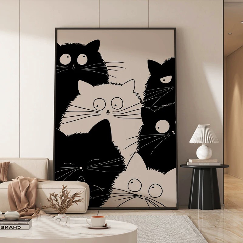 简约现代客厅沙发背景墙装饰画时尚卡通猫咪挂画竖版玄关卧室壁画图片