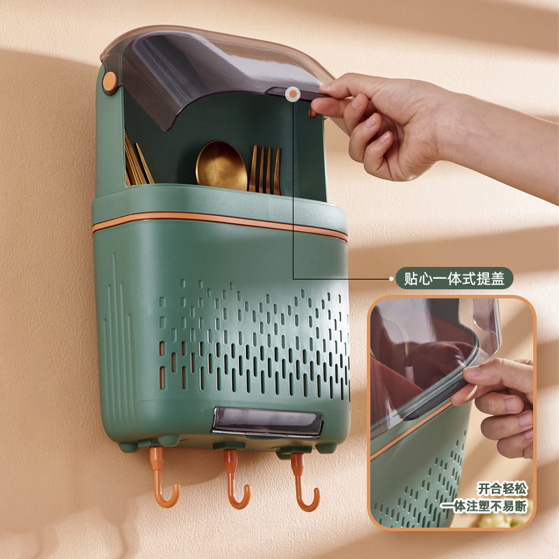 新款挂壁式带盖防尘沥水筷子笼塑料家用厨房筷子盒置物架餐具收纳