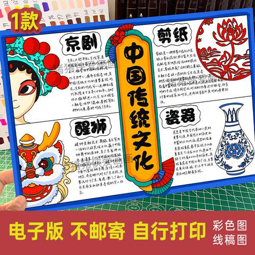 中国传统文化手抄报电子模版素材小学生醒狮剪纸京剧瓷器线稿323