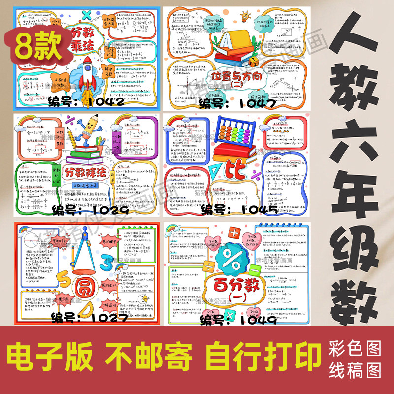 人教版数学六年级上册思维导图全册八单元手绘电子线稿素材1092