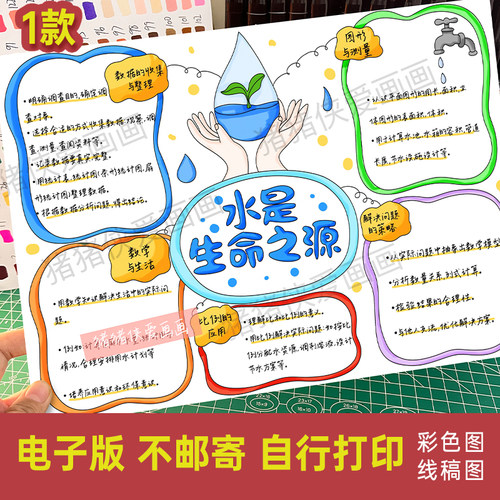 新人教六年级上册数学水是生命之源思维导图电子线稿模版素材1416