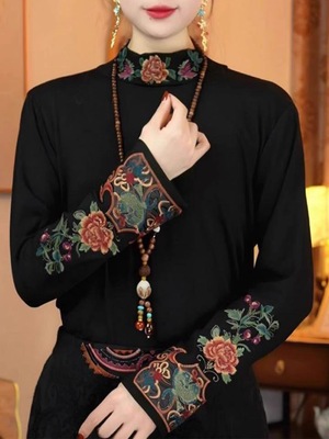 2025年秋冬新款妈妈装新中式国风重工刺绣打底衫女半高领长袖上衣