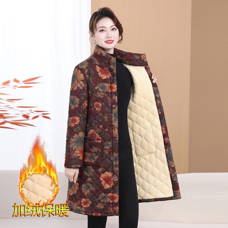 妈妈冬季新款加绒棉衣中老年女装棉服加厚碎花外套时尚棉袄保暖