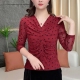气质V领波点网纱长袖 百搭高弹小衫 上衣女妈妈装 修身 新款 中年秋季