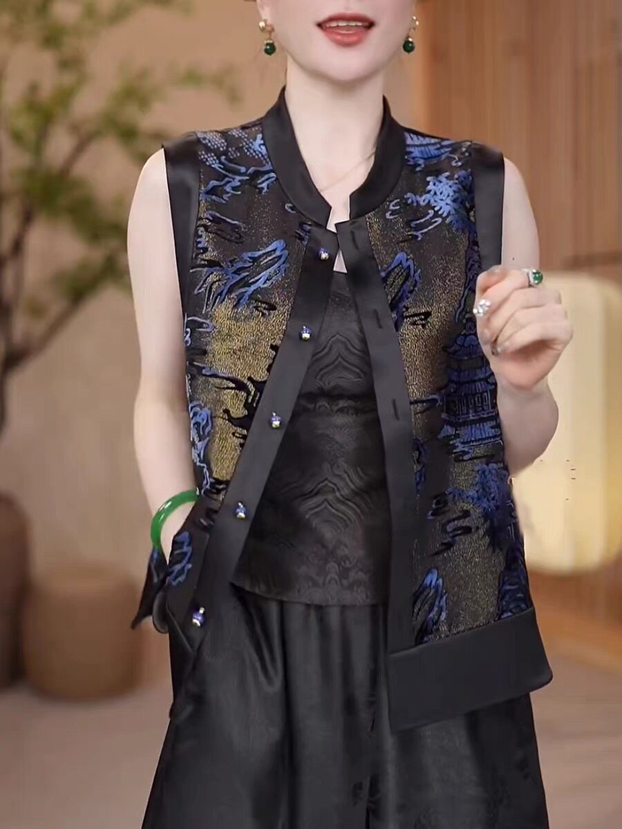 2025新款妈妈新中式国风提花马甲女复古气质宽松显瘦减龄立领上衣