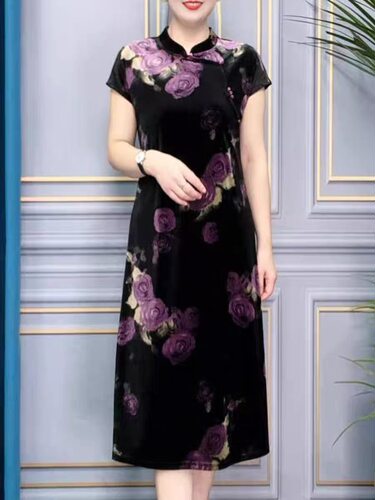 夏季短袖黑色旗袍复古玫瑰中长款年轻气质款日常连衣裙女装