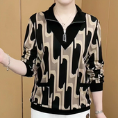 妈妈装 印花立领口袋大码 t恤中年新款 春款 宽松半拉链弹力遮肚小衫