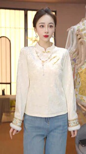新中式立领斜襟保暖提花加绒加厚打底衫国风复古盘扣女装百搭衬衣