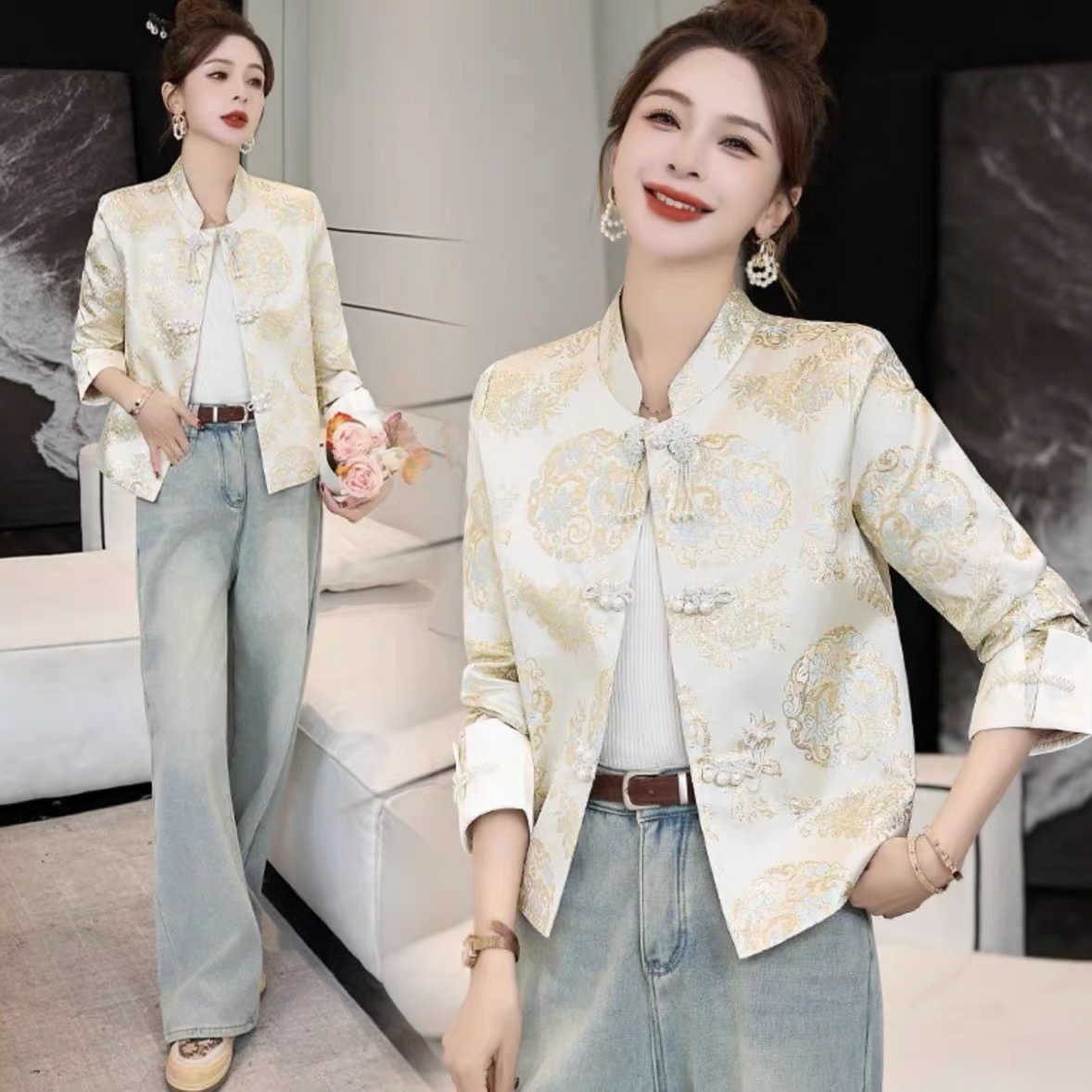 2025新款妈妈装新中式国风盘扣刺绣外套女复古气质宽松显瘦开衫女