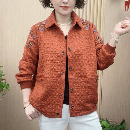 中老年洋气绣花翻领夹克外套女秋季中年妈妈装休闲减龄显瘦上衣