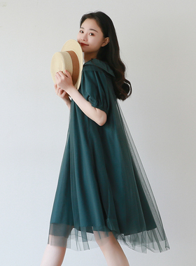 2025夏装新款娃娃领可爱甜美名媛a字宽松绿色拼纱短袖连衣裙女