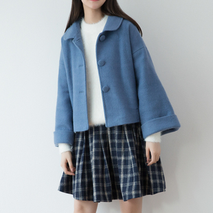 SUIN2025冬新文艺a字小个子甜美喇叭袖 毛呢大衣外套917 娃娃领短款