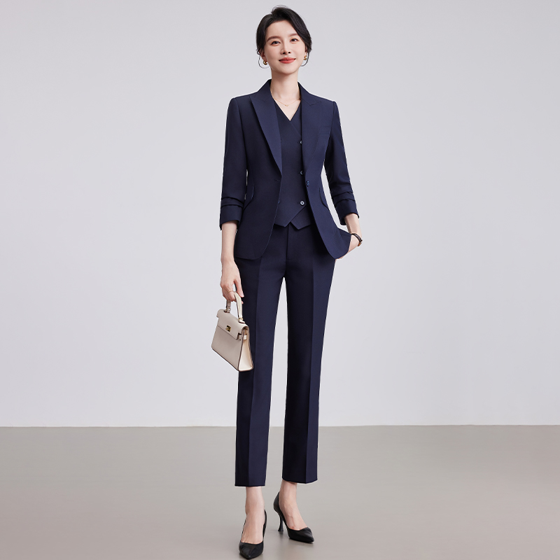 诗璐雅藏青色职业西装马甲三件套