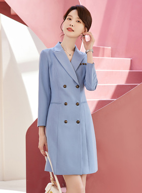 诗璐雅蓝色中长款短袖西装连衣裙女神范气质双排扣职业OL风正装裙
