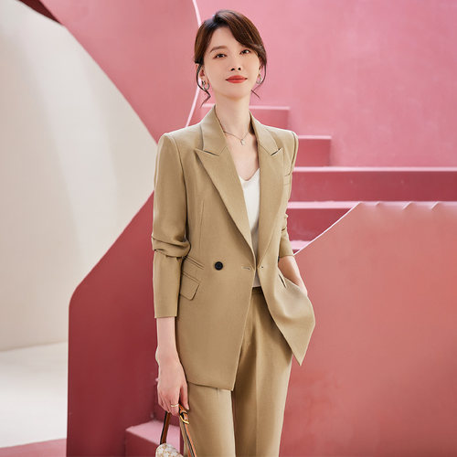诗璐雅卡其色职业西装套装女洋气