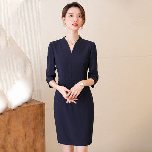 诗璐雅V领职业连衣裙春秋高级感正装售楼处酒店前台工作服包臀裙