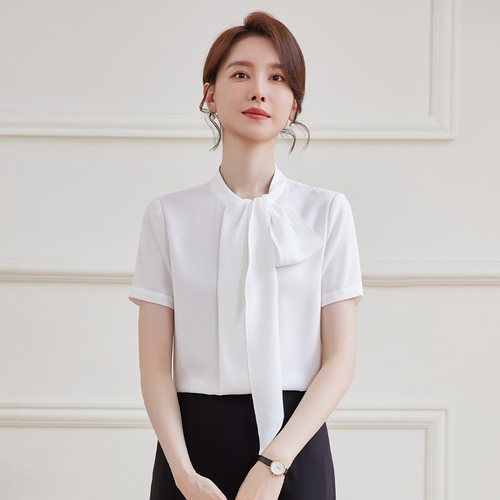 诗璐雅飘带白衬衫女夏季