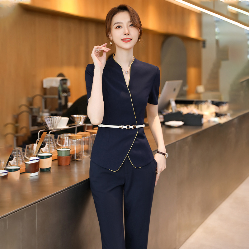 詩璐雅藏青色短袖工作服女套裝