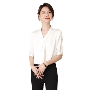 诗璐雅ol职业通勤白色衬衫女夏短袖薄款女士飘带衬衣九分西裤套装
