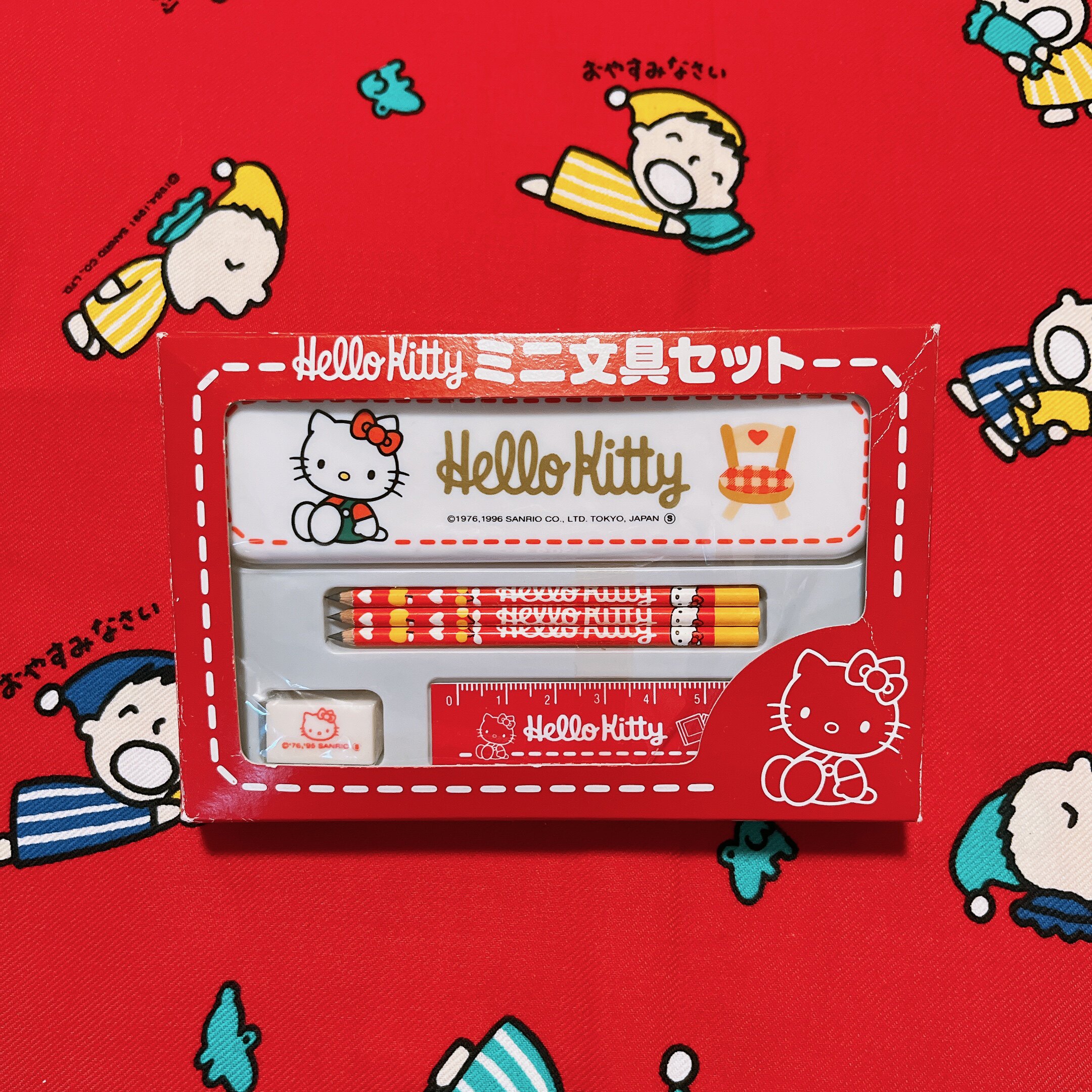 1995绝版昭和全新中古品hello kitty迷你文具套装笔盒铅笔尺子