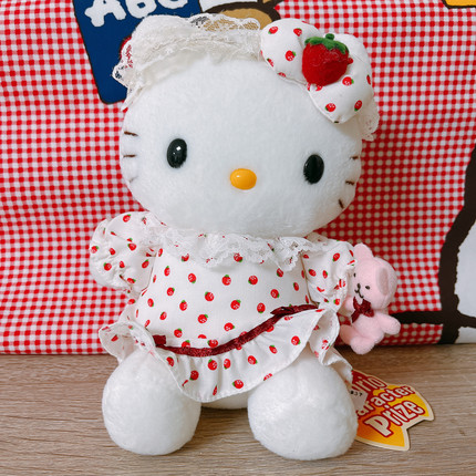 中古正版hello kitty草莓拿小熊抱熊公仔毛绒玩偶蕾丝草莓裙日本