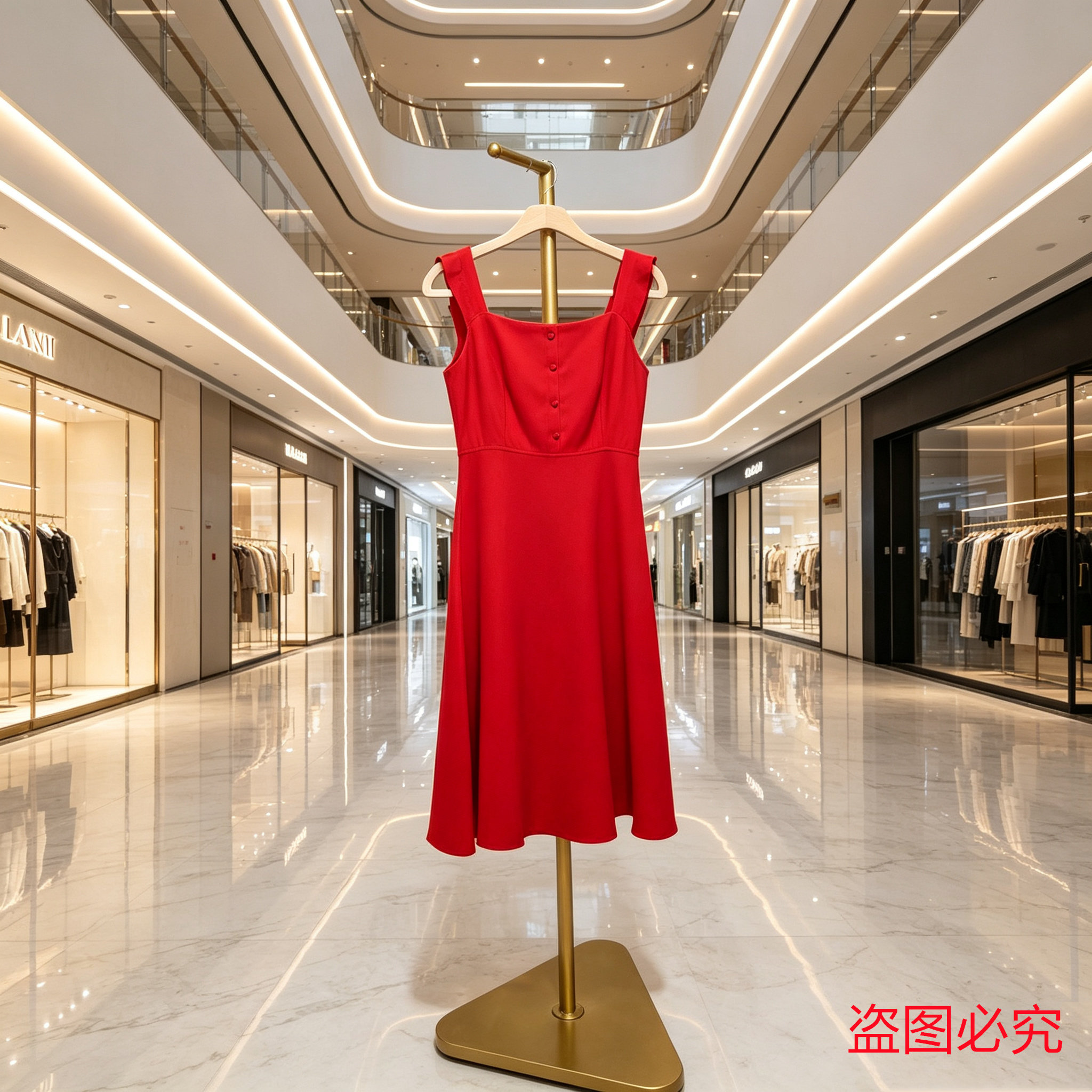 法式红裙方领吊带收腰显白百搭