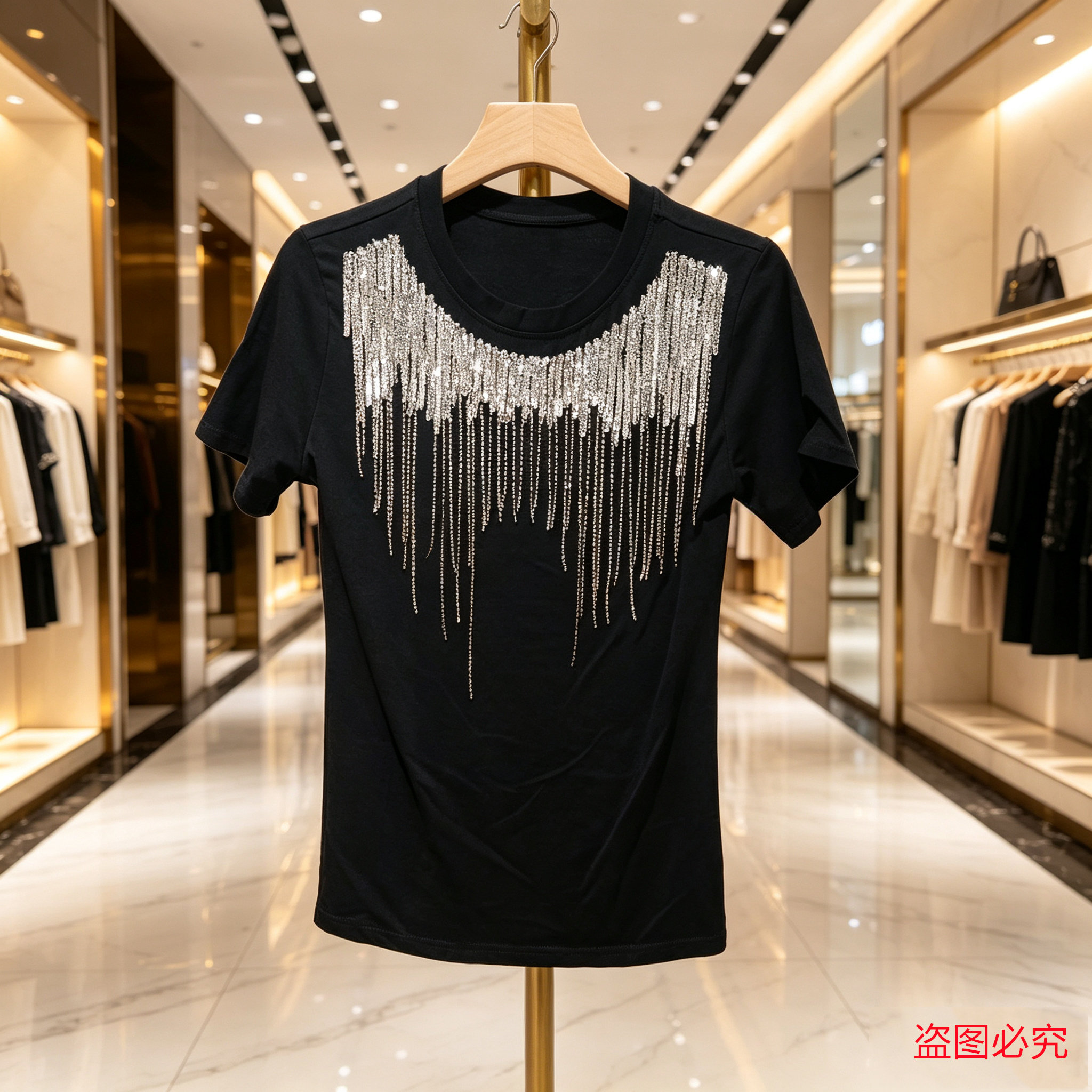 重工烫钻黑T恤修身显瘦女款短袖