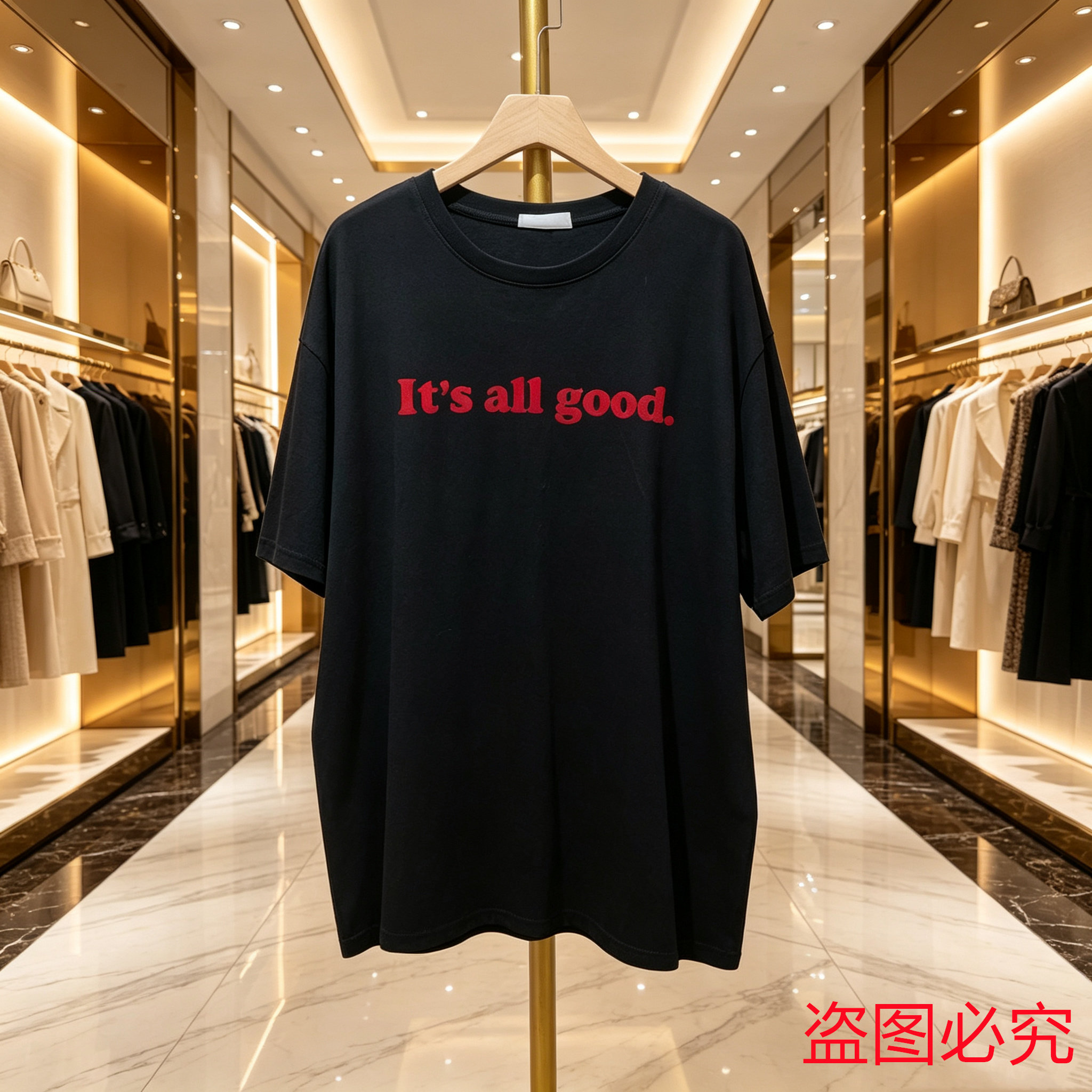 黑色红字母印花慵懒风宽松短袖