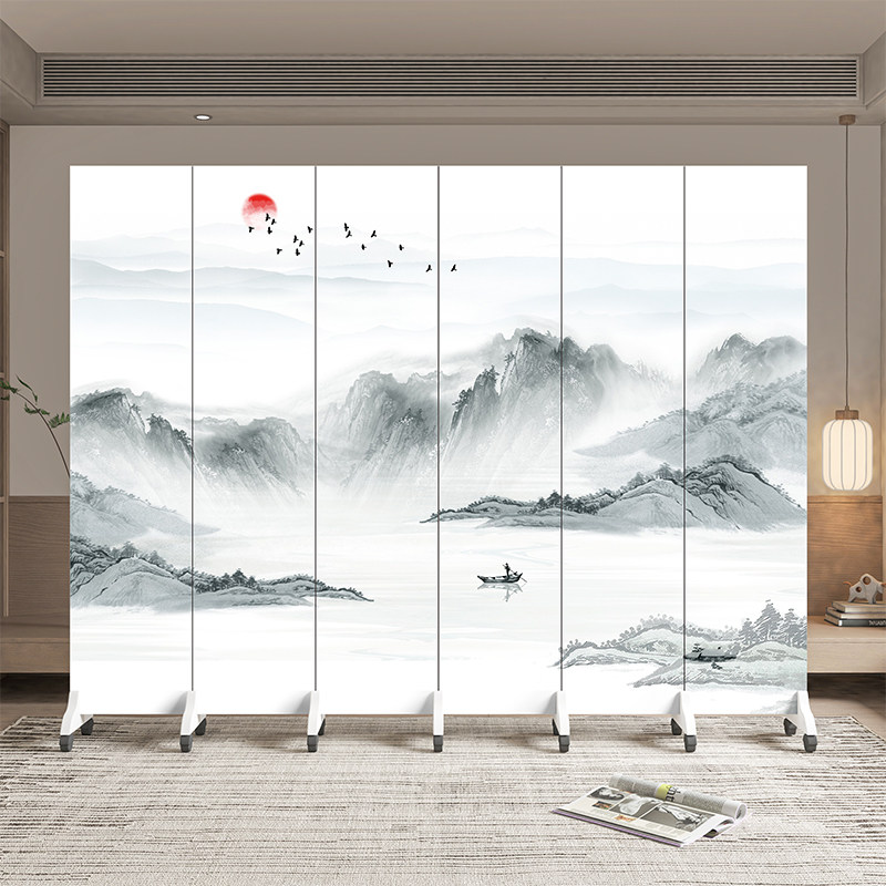 新中式山水屏风隔断办公室客厅折叠移动遮挡高端酒店大厅装饰折屏