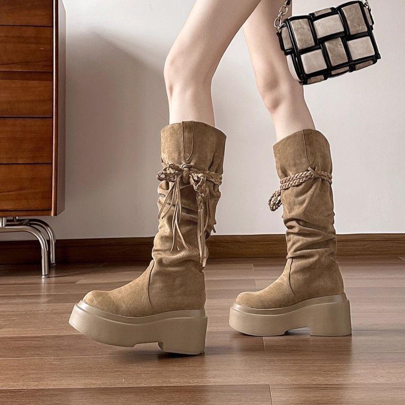 牛皮版～复古废土风流苏骑士靴粗跟不过膝长筒靴显瘦堆堆西部靴女