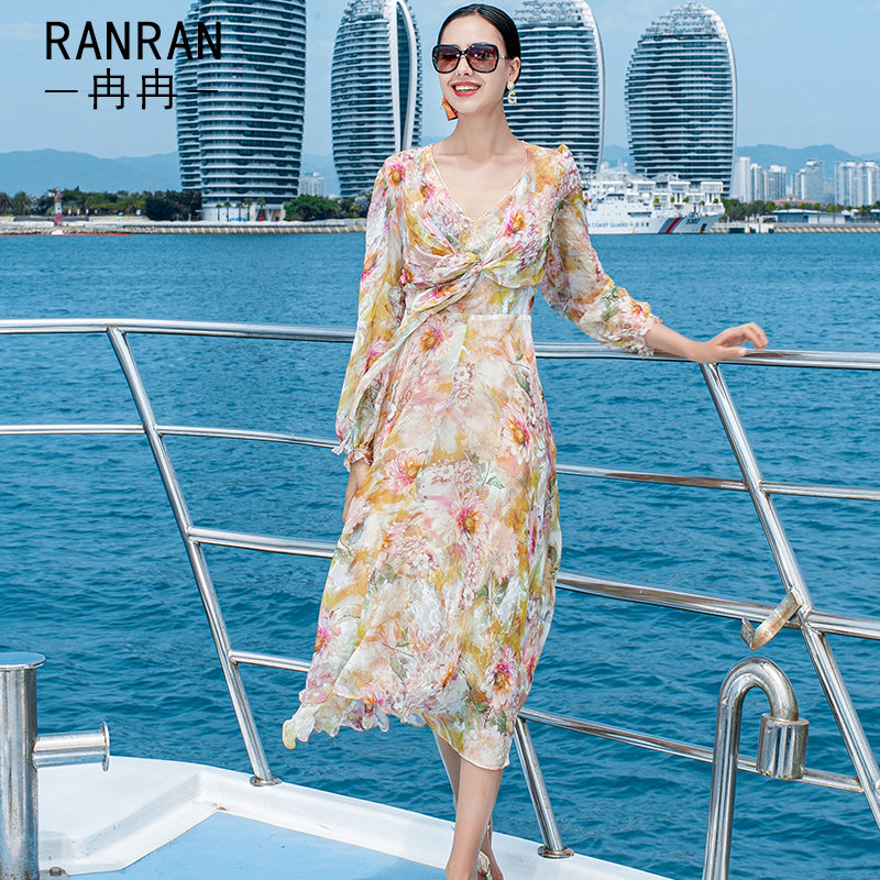 RANRAN高端真丝套装女2022夏季新款桑蚕丝印花防晒外披无袖连衣裙