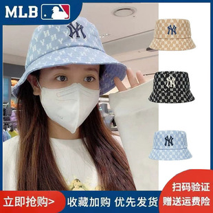 MLB渔夫帽牛仔蓝色NY满印遮阳帽男女运动休闲帽子复古老花盆帽潮