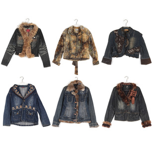 修身 复古废土风刺绣牛仔外套女千禧短款 毛领夹克 美式 古着Vintage