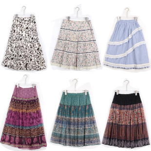 QX古着Vintage复古风印花半身裙 设计百搭蝴蝶结绝美半身裙女 夏季