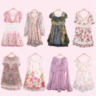 VL古着vintage复古风碎花连衣裙女夏季公主袖蕾丝A字裙浪漫度假风