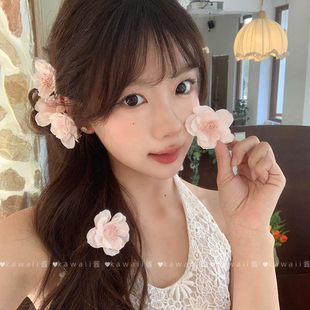 纯欲甜美氛围感渐变樱花发夹温柔清冷感气质边夹森系拍照出片发饰