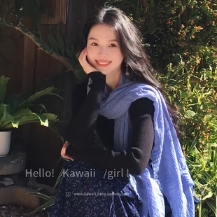 复古民族风蓝色褶皱棉麻围巾文艺感旅游拍照丝巾氛围感薄款围脖女