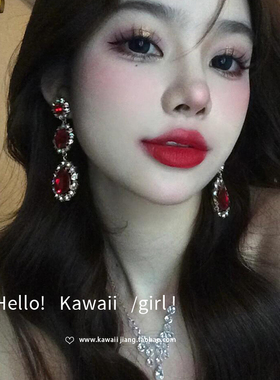 法式复古圣诞节红色水滴钻石耳环女港风气质长款耳钉耳坠旗袍配饰